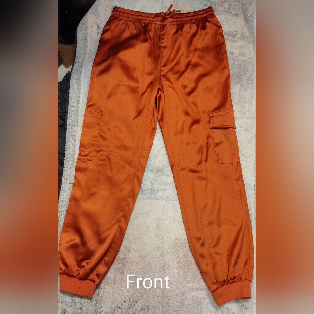 Satin Cargo Pants / Color GINGER/ SZ Medium/ Drawstring Waist with Elastic/ NWT!